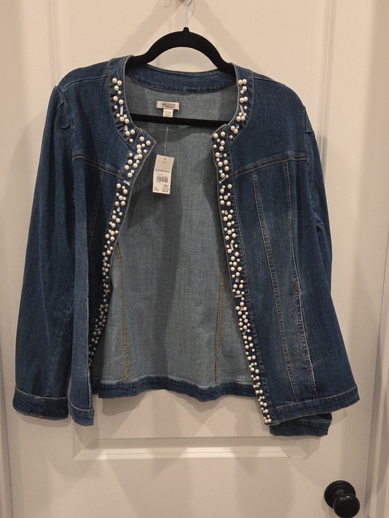 Cato Jackets & Blazers - Cato Dark Blue Denim Jacket with Pearl & Gem Trim